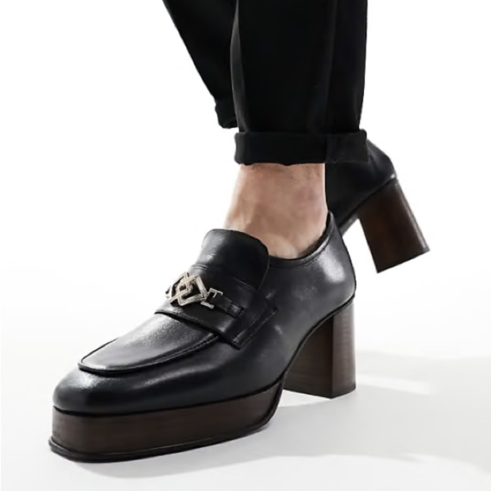 ASOS Black Leather Platform Block Heel Loafers with Chain Accent